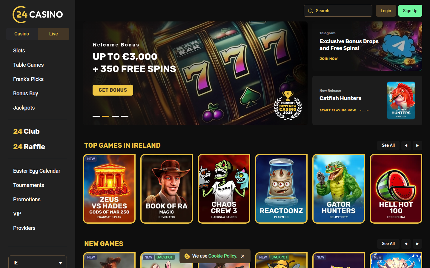 24Casino game lobby showing slots selection for Irish players
